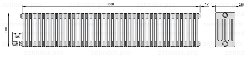Схема (чертеж) Радиатор Zehnder Charleston 6060/41 №V004 Белый глянцевый RAL 9016